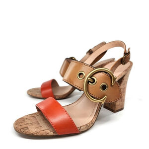 Coach Robin Tan & Orange Leather Gold C Buckle Sling-Back Cork High Heel Sandals